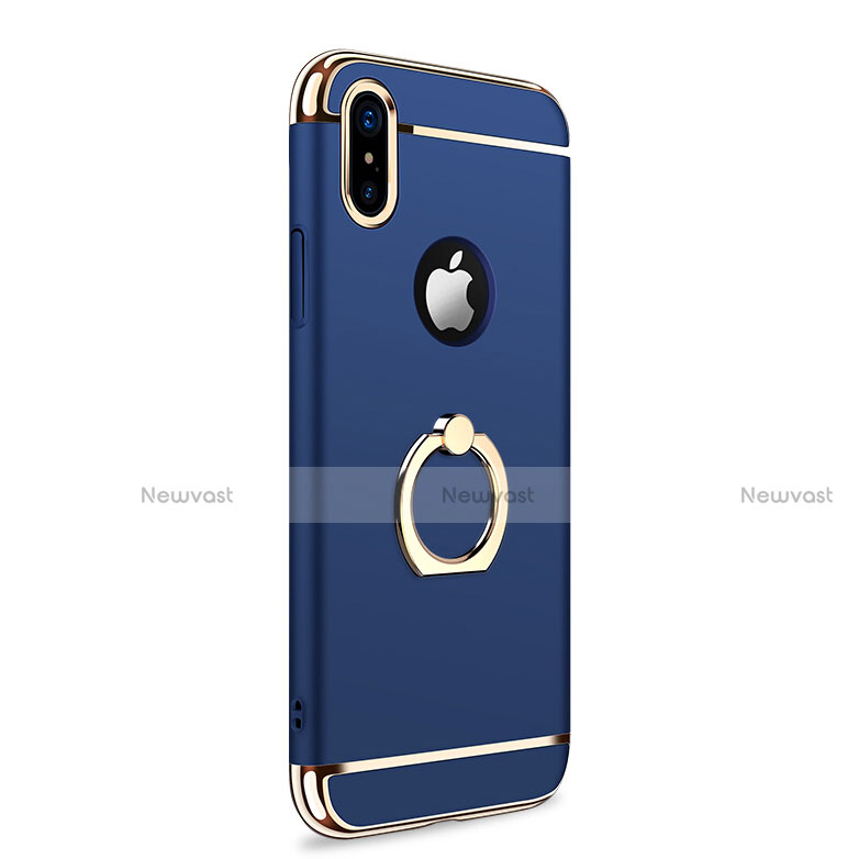 Luxury Metal Frame and Plastic Back Case with Finger Ring Stand F02 for Apple iPhone Xs Max Blue