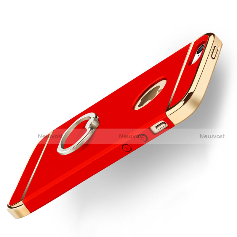 Luxury Metal Frame and Plastic Back Case with Finger Ring Stand for Apple iPhone SE Red