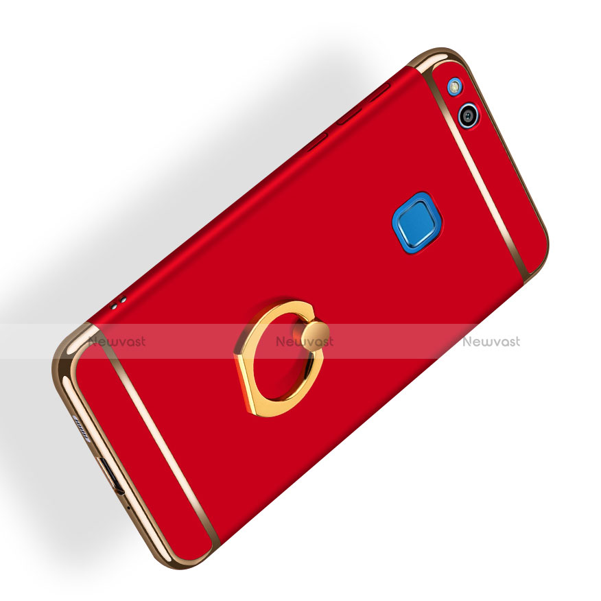 Luxury Metal Frame and Plastic Back Case with Finger Ring Stand for Huawei GR3 (2017) Red