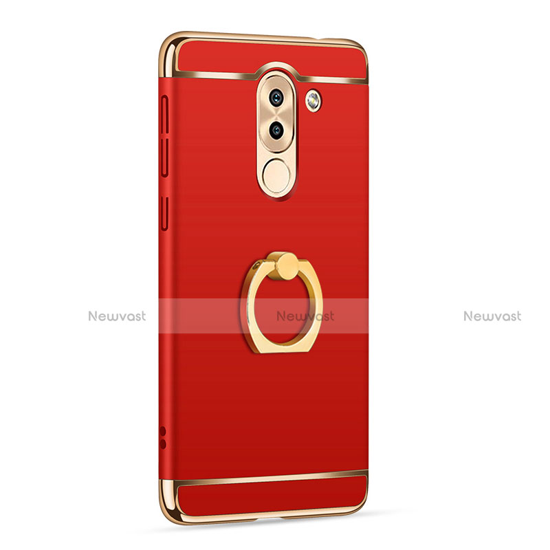 Luxury Metal Frame and Plastic Back Case with Finger Ring Stand for Huawei Honor 6X Pro Red