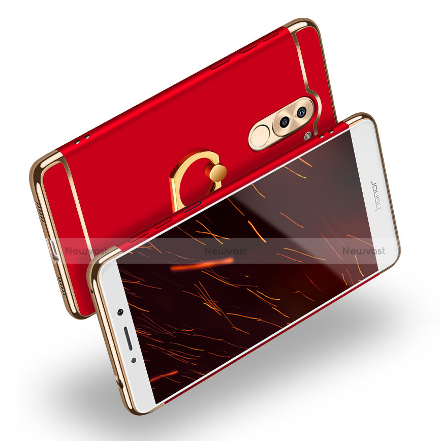 Luxury Metal Frame and Plastic Back Case with Finger Ring Stand for Huawei Honor 6X Pro Red