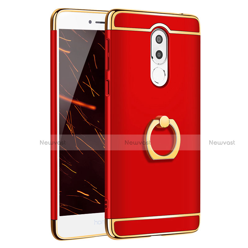Luxury Metal Frame and Plastic Back Case with Finger Ring Stand for Huawei Honor 6X Red