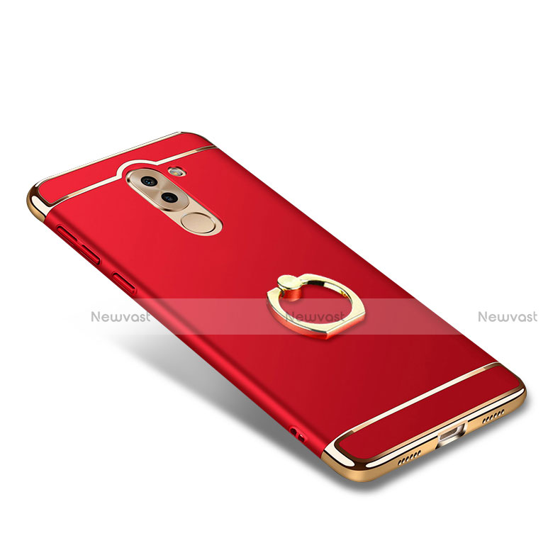 Luxury Metal Frame and Plastic Back Case with Finger Ring Stand for Huawei Honor 6X Red