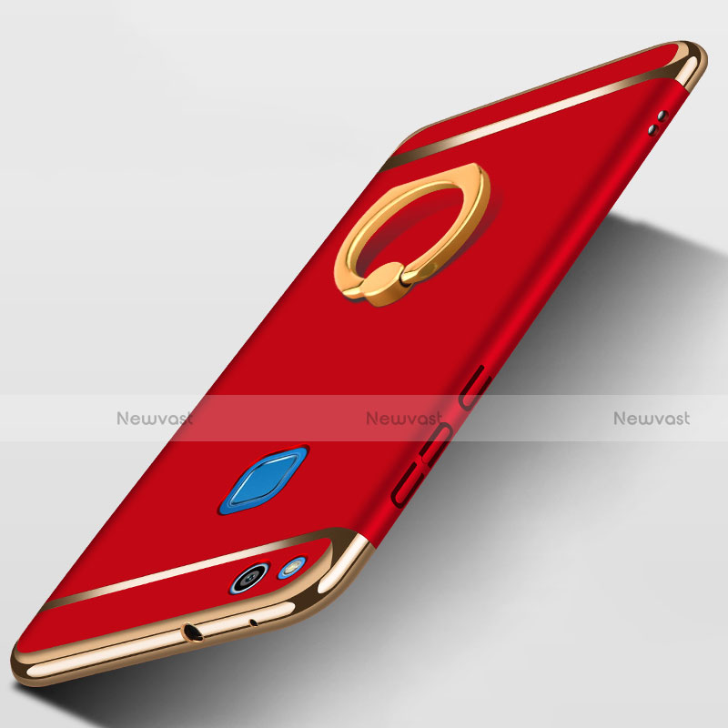 Luxury Metal Frame and Plastic Back Case with Finger Ring Stand for Huawei Honor 8 Lite Red