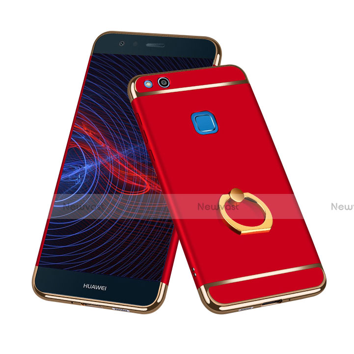 Luxury Metal Frame and Plastic Back Case with Finger Ring Stand for Huawei Honor 8 Lite Red