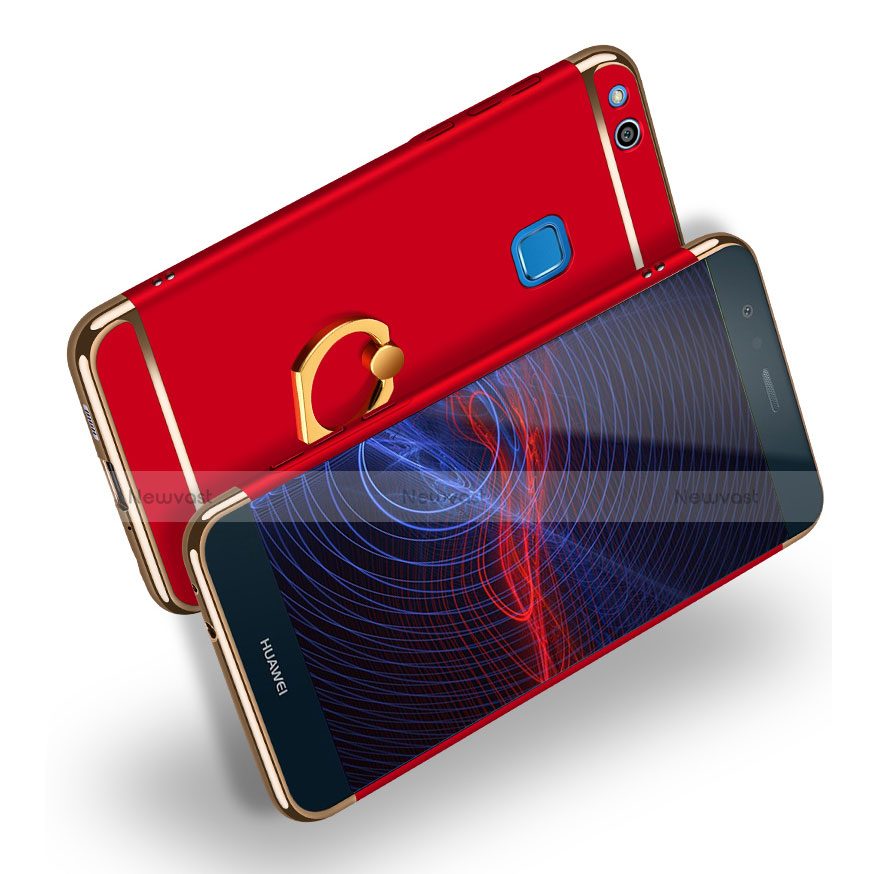 Luxury Metal Frame and Plastic Back Case with Finger Ring Stand for Huawei Honor 8 Lite Red