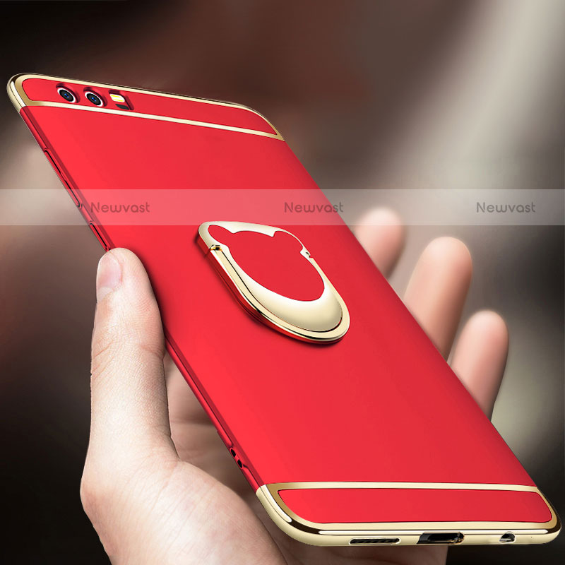 Luxury Metal Frame and Plastic Back Case with Finger Ring Stand for Huawei Honor 9 Red