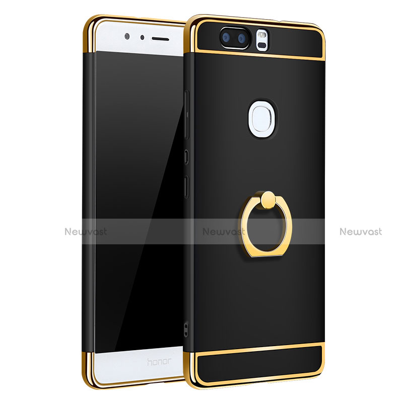 Luxury Metal Frame and Plastic Back Case with Finger Ring Stand for Huawei Honor V8 Black