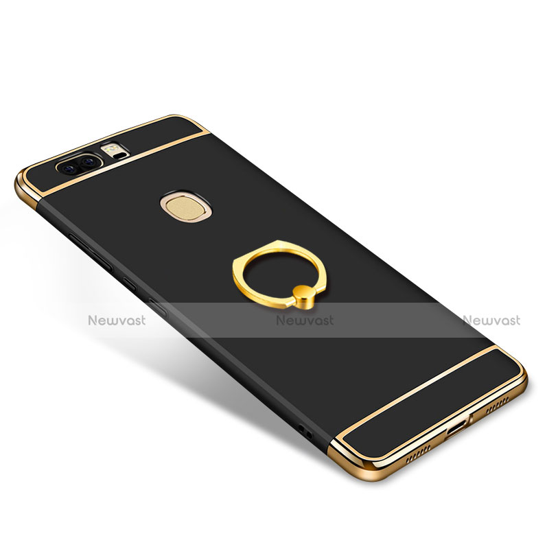 Luxury Metal Frame and Plastic Back Case with Finger Ring Stand for Huawei Honor V8 Black