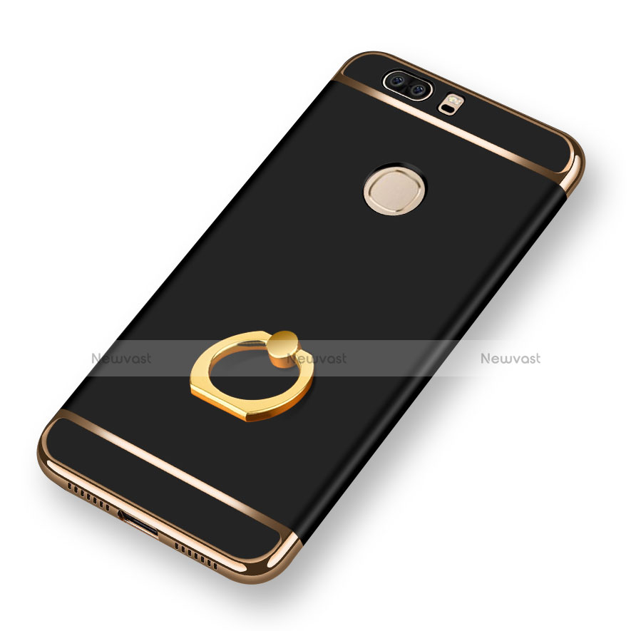 Luxury Metal Frame and Plastic Back Case with Finger Ring Stand for Huawei Honor V8 Black