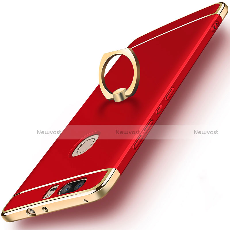 Luxury Metal Frame and Plastic Back Case with Finger Ring Stand for Huawei Honor V8 Red