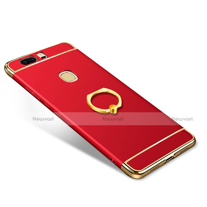 Luxury Metal Frame and Plastic Back Case with Finger Ring Stand for Huawei Honor V8 Red