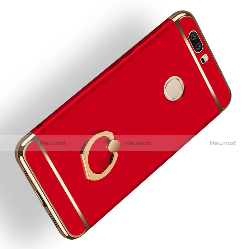 Luxury Metal Frame and Plastic Back Case with Finger Ring Stand for Huawei Honor V8 Red