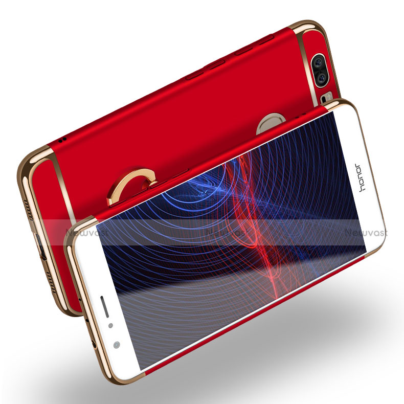 Luxury Metal Frame and Plastic Back Case with Finger Ring Stand for Huawei Honor V8 Red