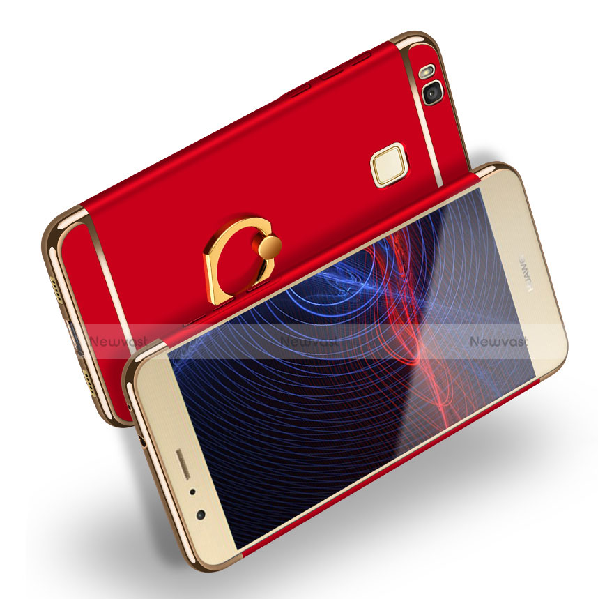 Luxury Metal Frame and Plastic Back Case with Finger Ring Stand for Huawei P9 Lite Red