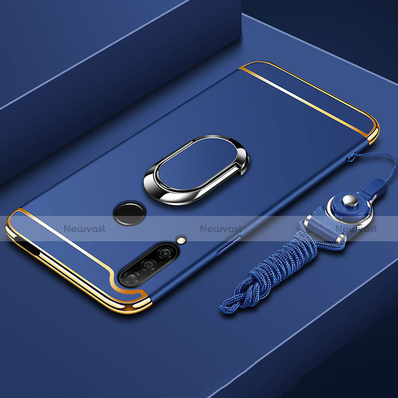 Luxury Metal Frame and Plastic Back Cover Case with Finger Ring Stand A01 for Huawei Enjoy 10 Plus Blue