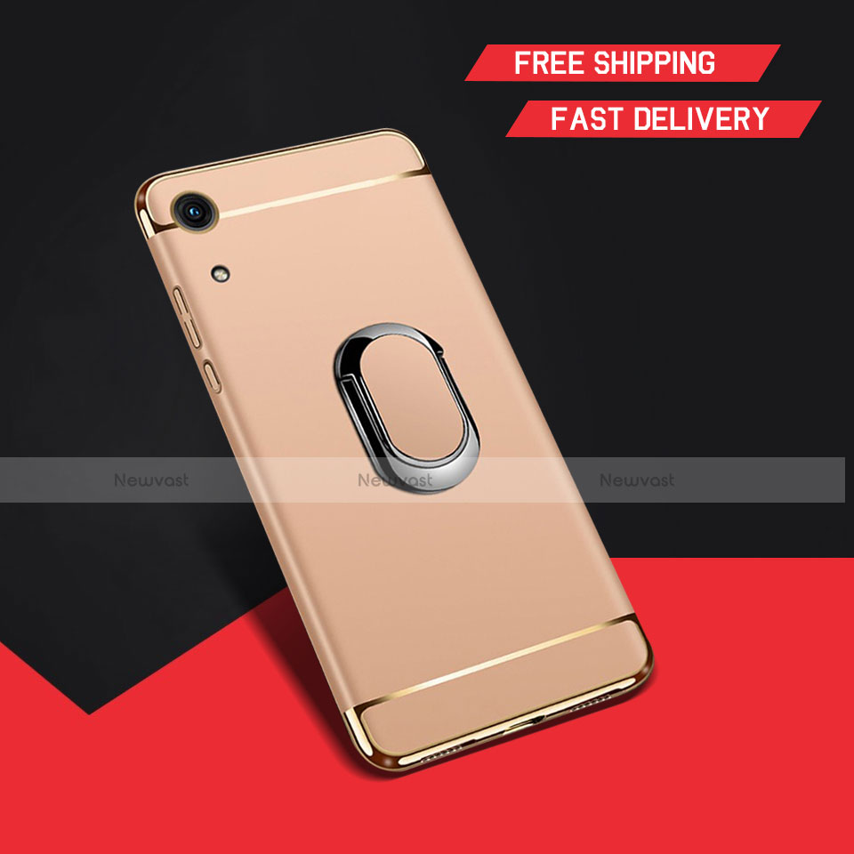 Luxury Metal Frame and Plastic Back Cover Case with Finger Ring Stand A01 for Huawei Y6 Pro (2019) Gold