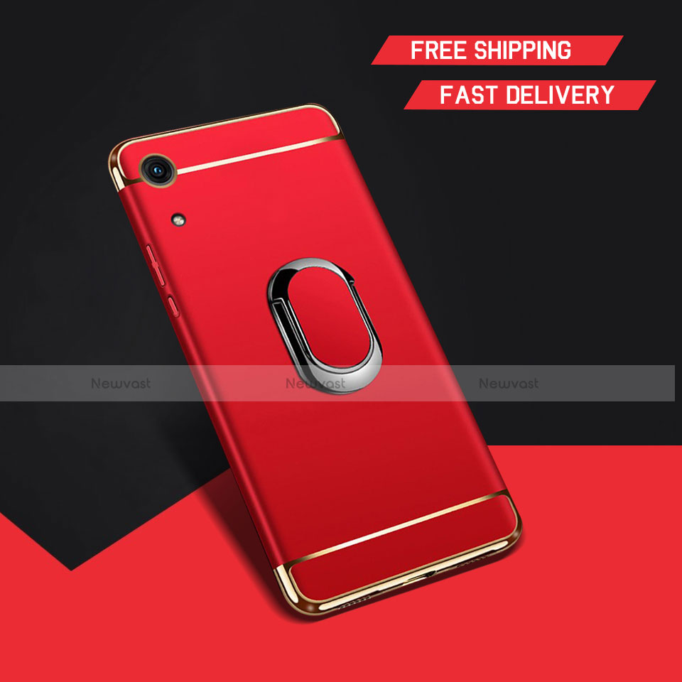 Luxury Metal Frame and Plastic Back Cover Case with Finger Ring Stand A01 for Huawei Y6 Pro (2019) Red