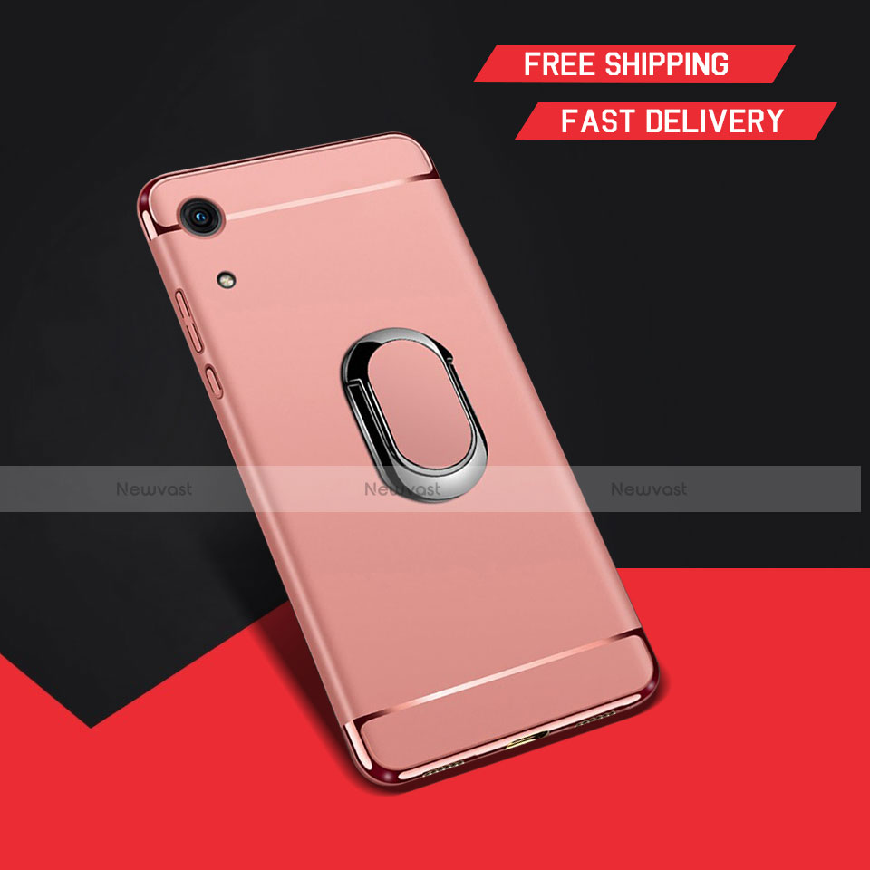 Luxury Metal Frame and Plastic Back Cover Case with Finger Ring Stand A01 for Huawei Y6 Pro (2019) Rose Gold
