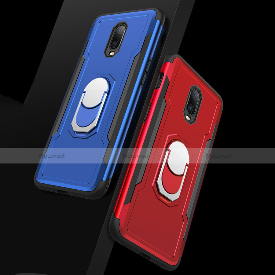 Luxury Metal Frame and Plastic Back Cover Case with Finger Ring Stand A01 for OnePlus 6T