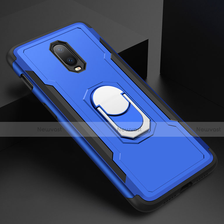 Luxury Metal Frame and Plastic Back Cover Case with Finger Ring Stand A01 for OnePlus 6T Blue