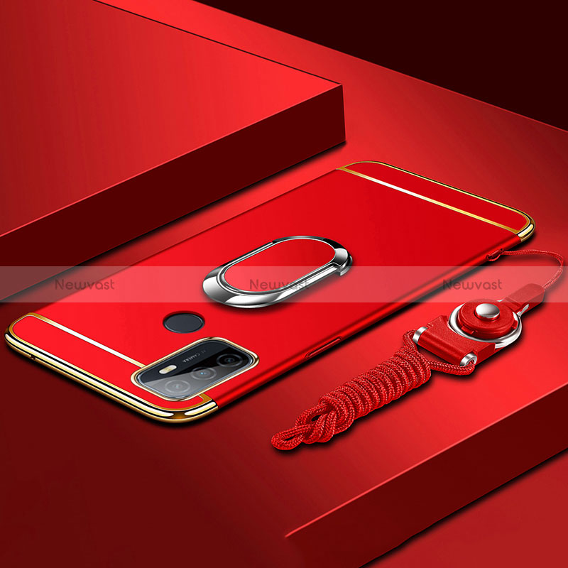 Luxury Metal Frame and Plastic Back Cover Case with Finger Ring Stand A01 for Oppo A11s Red