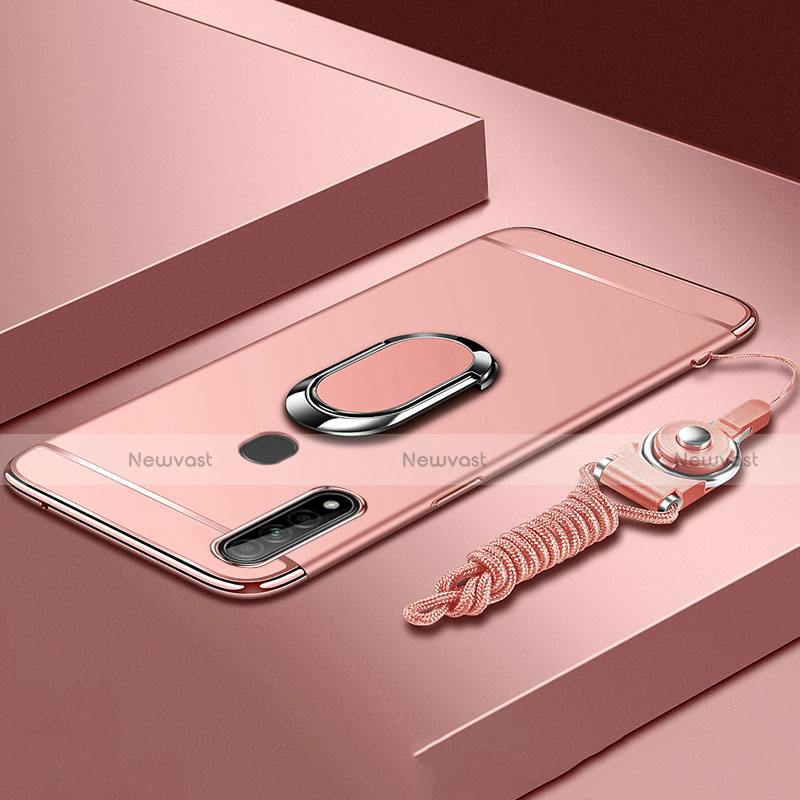 Luxury Metal Frame and Plastic Back Cover Case with Finger Ring Stand A01 for Oppo A31 Rose Gold