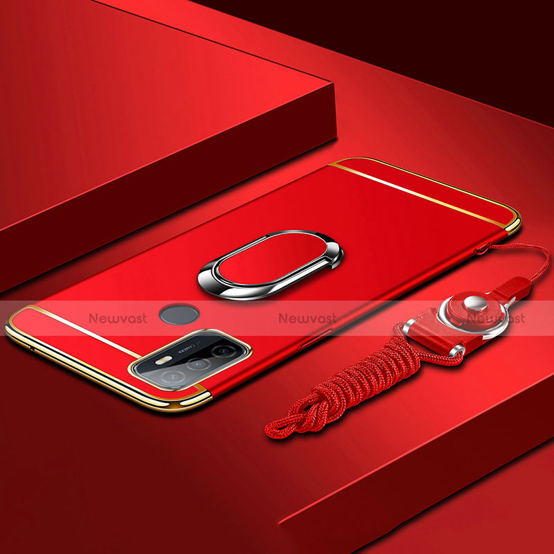 Luxury Metal Frame and Plastic Back Cover Case with Finger Ring Stand A01 for Oppo A32 Red