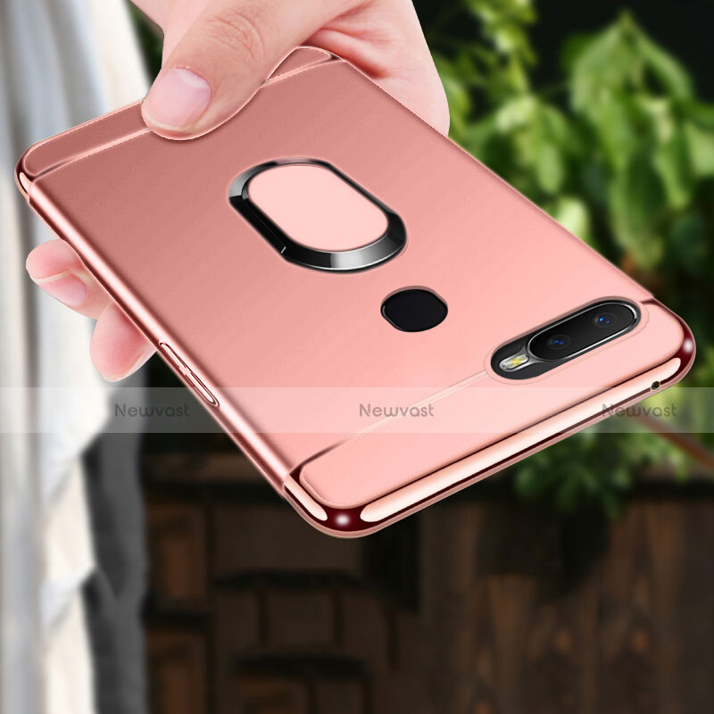 Luxury Metal Frame and Plastic Back Cover Case with Finger Ring Stand A01 for Oppo A7 Rose Gold