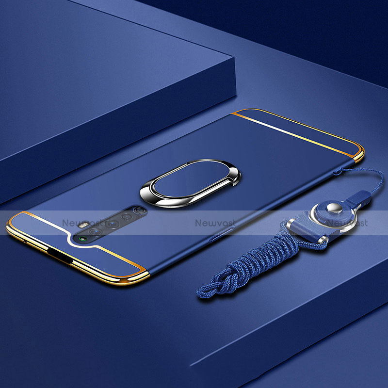 Luxury Metal Frame and Plastic Back Cover Case with Finger Ring Stand A01 for Oppo Reno2 Z Blue