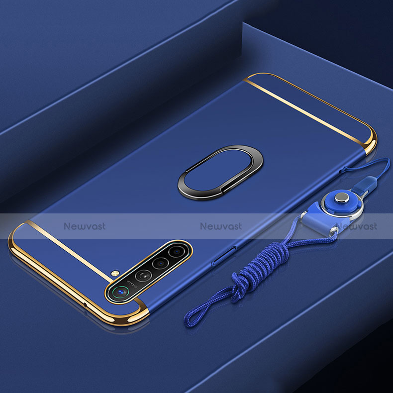 Luxury Metal Frame and Plastic Back Cover Case with Finger Ring Stand A01 for Realme XT Blue