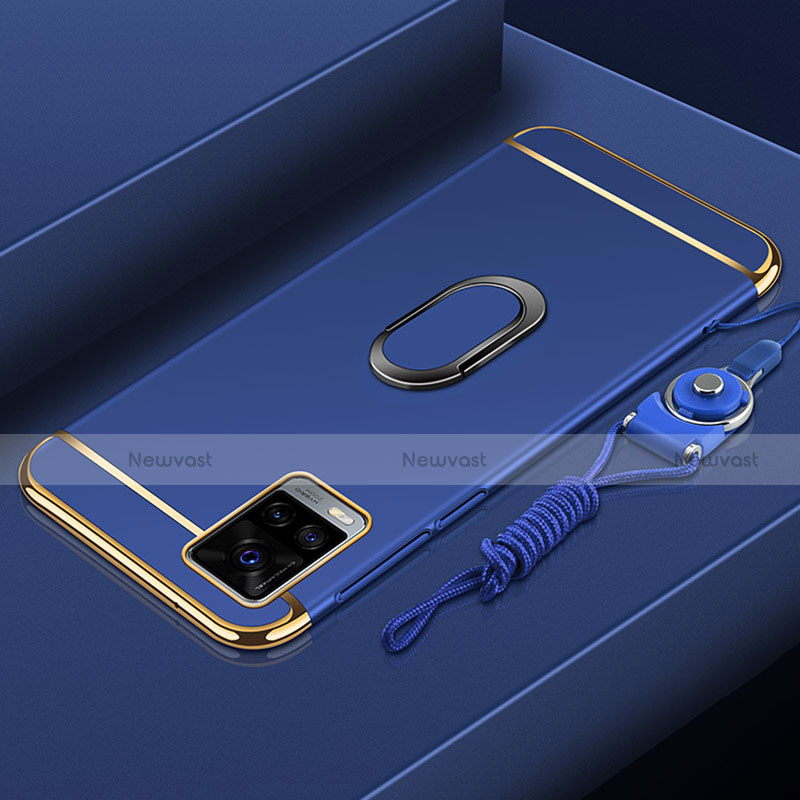 Luxury Metal Frame and Plastic Back Cover Case with Finger Ring Stand A01 for Vivo V20 Pro 5G Blue