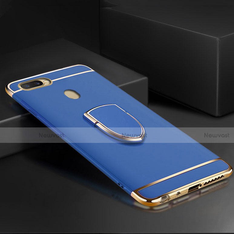 Luxury Metal Frame and Plastic Back Cover Case with Finger Ring Stand A02 for Oppo AX7 Blue