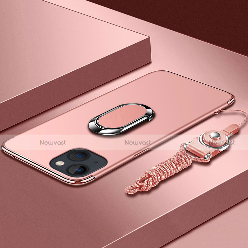 Luxury Metal Frame and Plastic Back Cover Case with Finger Ring Stand and Lanyard for Apple iPhone 13 Mini Rose Gold