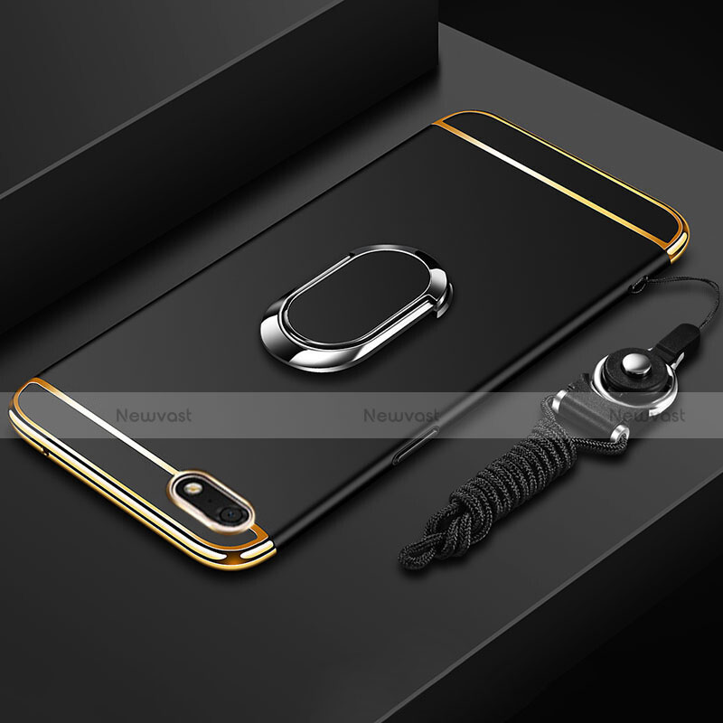 Luxury Metal Frame and Plastic Back Cover Case with Finger Ring Stand and Lanyard for Huawei Enjoy 8e Lite