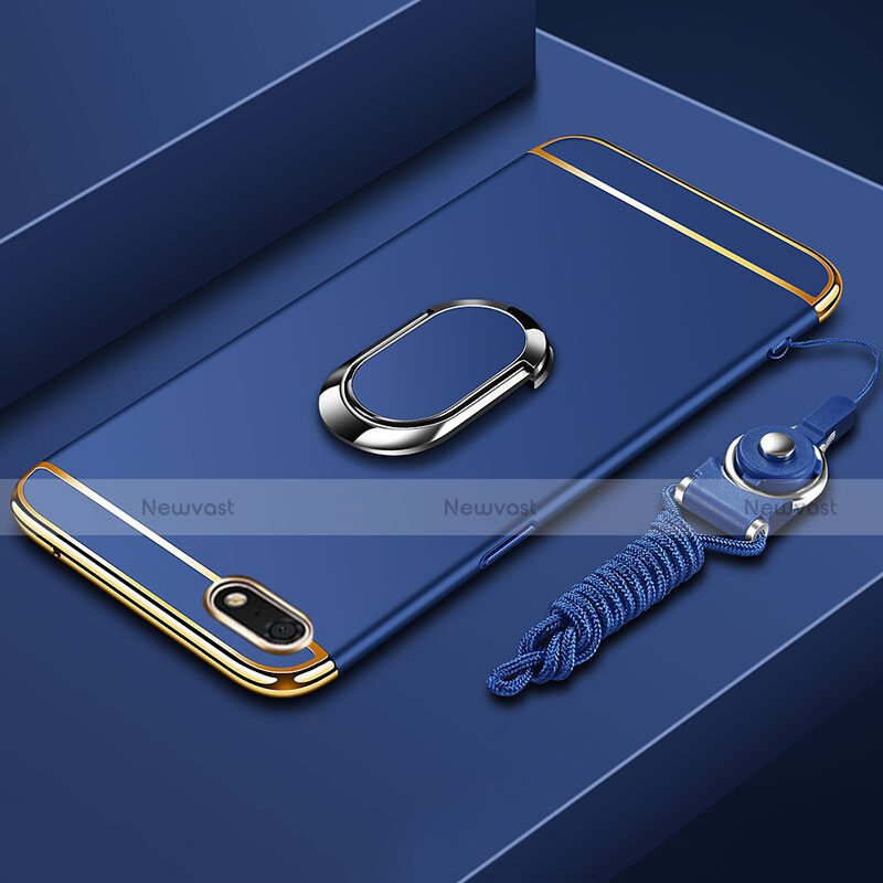 Luxury Metal Frame and Plastic Back Cover Case with Finger Ring Stand and Lanyard for Huawei Enjoy 8e Lite Blue