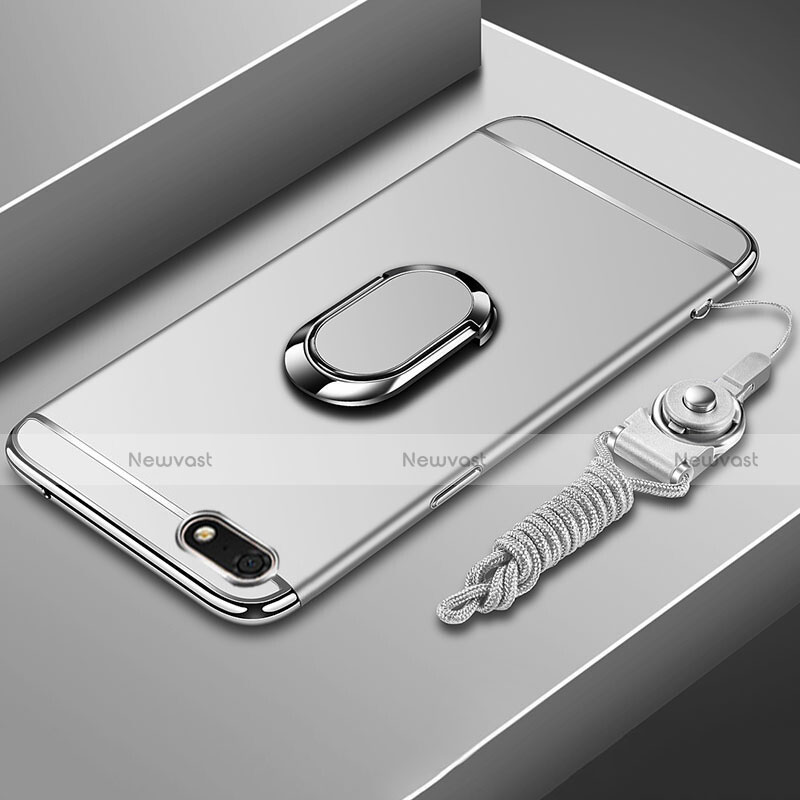 Luxury Metal Frame and Plastic Back Cover Case with Finger Ring Stand and Lanyard for Huawei Enjoy 8e Lite Silver