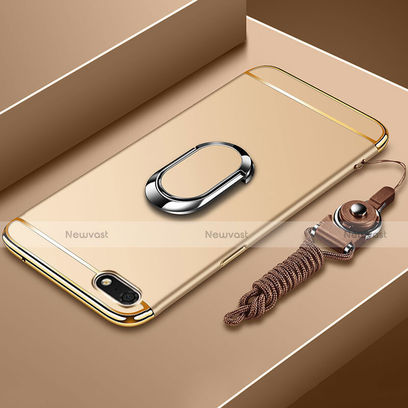 Luxury Metal Frame and Plastic Back Cover Case with Finger Ring Stand and Lanyard for Huawei Honor Play 7 Gold