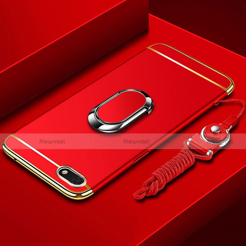Luxury Metal Frame and Plastic Back Cover Case with Finger Ring Stand and Lanyard for Huawei Honor Play 7 Red