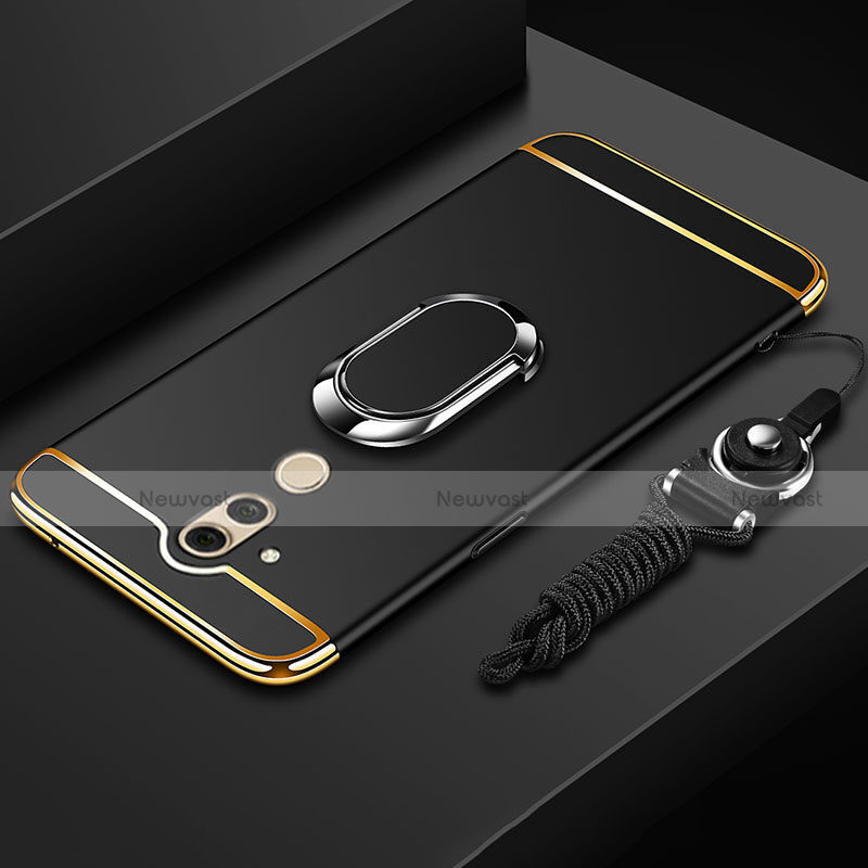 Luxury Metal Frame and Plastic Back Cover Case with Finger Ring Stand and Lanyard for Huawei Mate 20 Lite