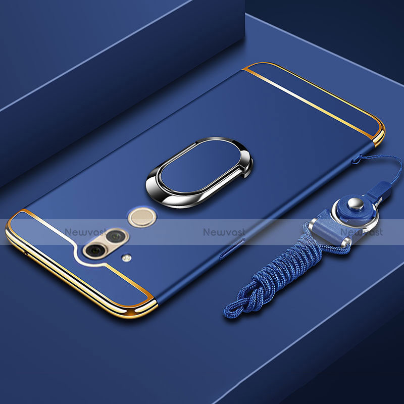 Luxury Metal Frame and Plastic Back Cover Case with Finger Ring Stand and Lanyard for Huawei Mate 20 Lite