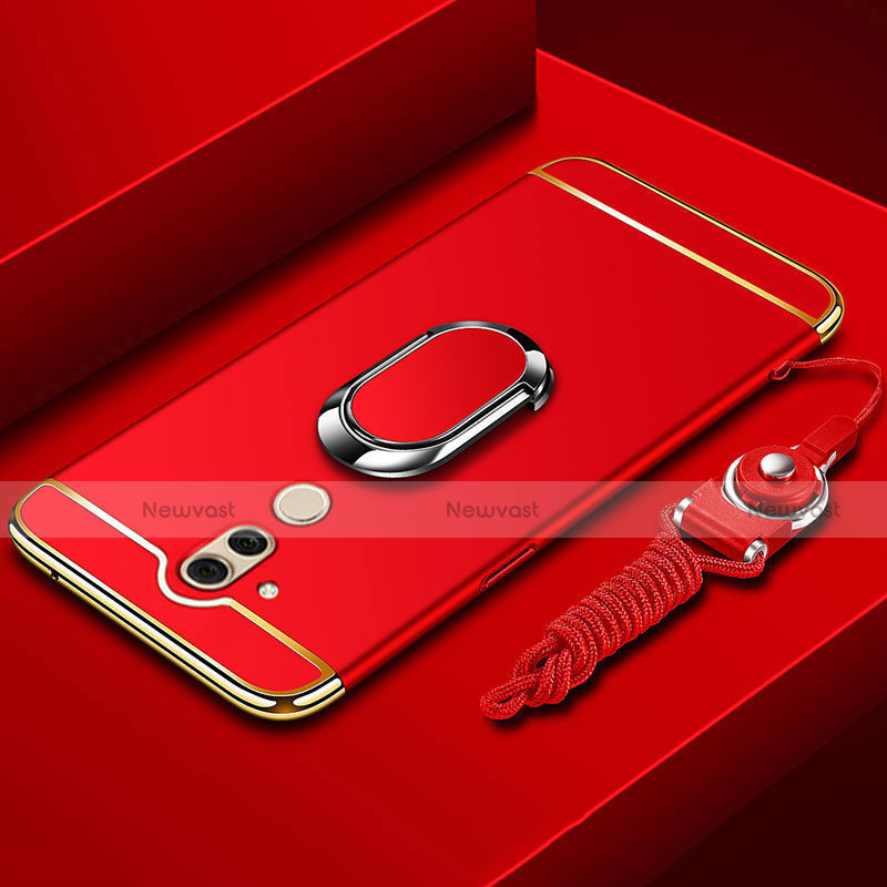 Luxury Metal Frame and Plastic Back Cover Case with Finger Ring Stand and Lanyard for Huawei Mate 20 Lite