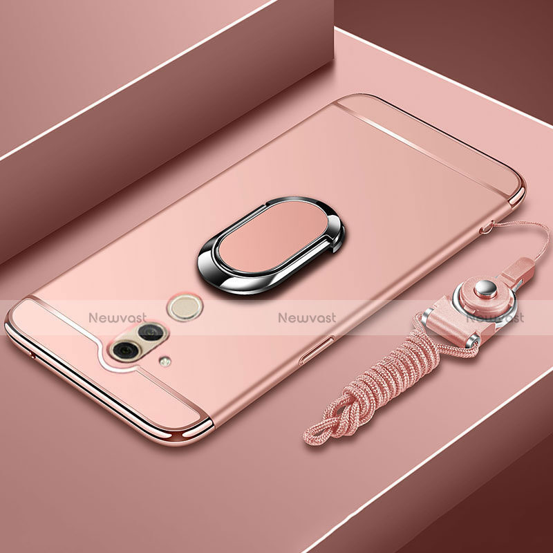 Luxury Metal Frame and Plastic Back Cover Case with Finger Ring Stand and Lanyard for Huawei Mate 20 Lite