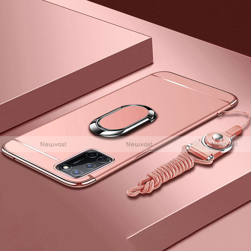 Luxury Metal Frame and Plastic Back Cover Case with Finger Ring Stand and Lanyard for Oppo A52