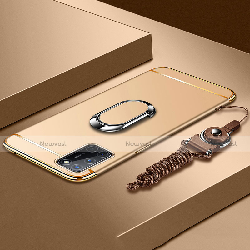 Luxury Metal Frame and Plastic Back Cover Case with Finger Ring Stand and Lanyard for Oppo A72 Gold