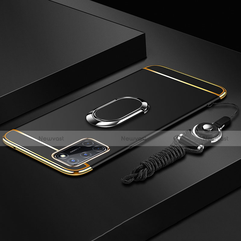 Luxury Metal Frame and Plastic Back Cover Case with Finger Ring Stand and Lanyard for Oppo A92