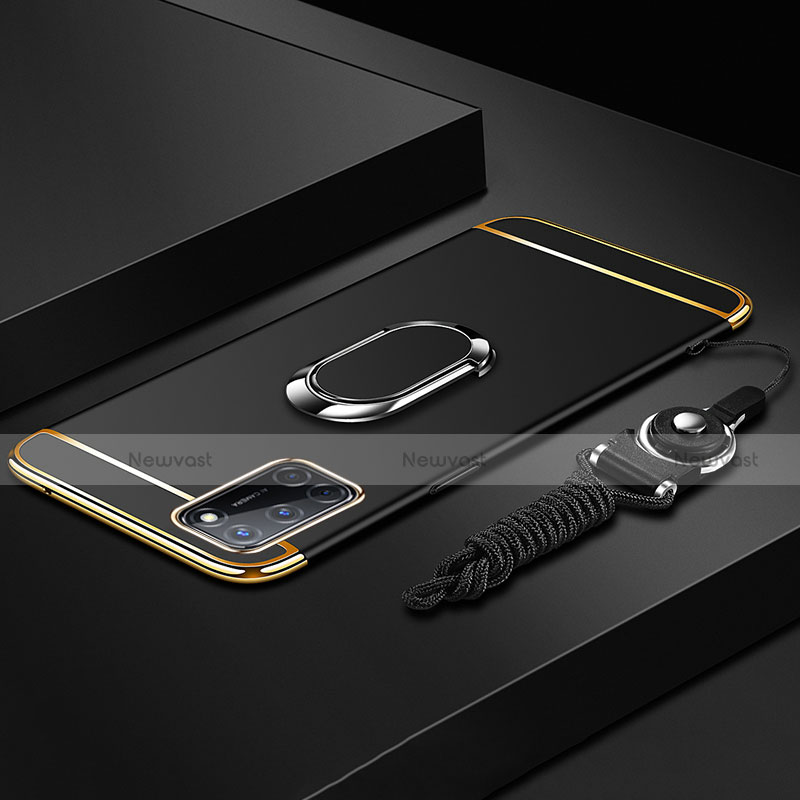Luxury Metal Frame and Plastic Back Cover Case with Finger Ring Stand and Lanyard for Oppo A92 Black