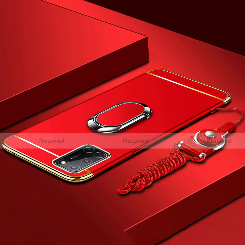 Luxury Metal Frame and Plastic Back Cover Case with Finger Ring Stand and Lanyard for Oppo A92 Red