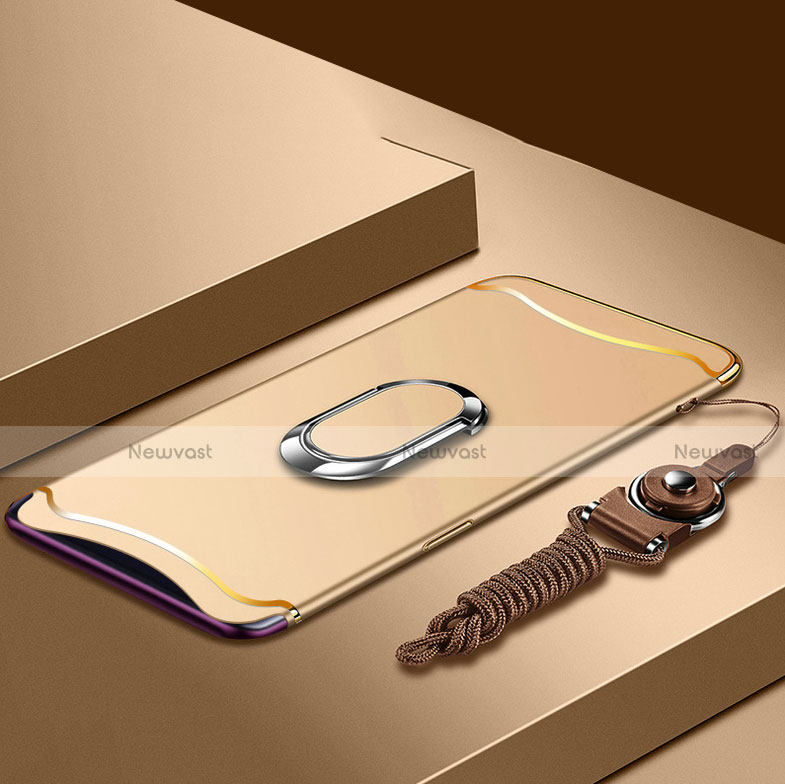Luxury Metal Frame and Plastic Back Cover Case with Finger Ring Stand and Lanyard for Oppo Find X Gold