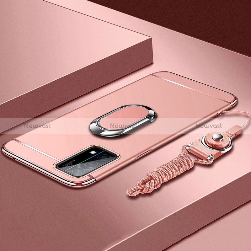 Luxury Metal Frame and Plastic Back Cover Case with Finger Ring Stand and Lanyard for Oppo K9 5G